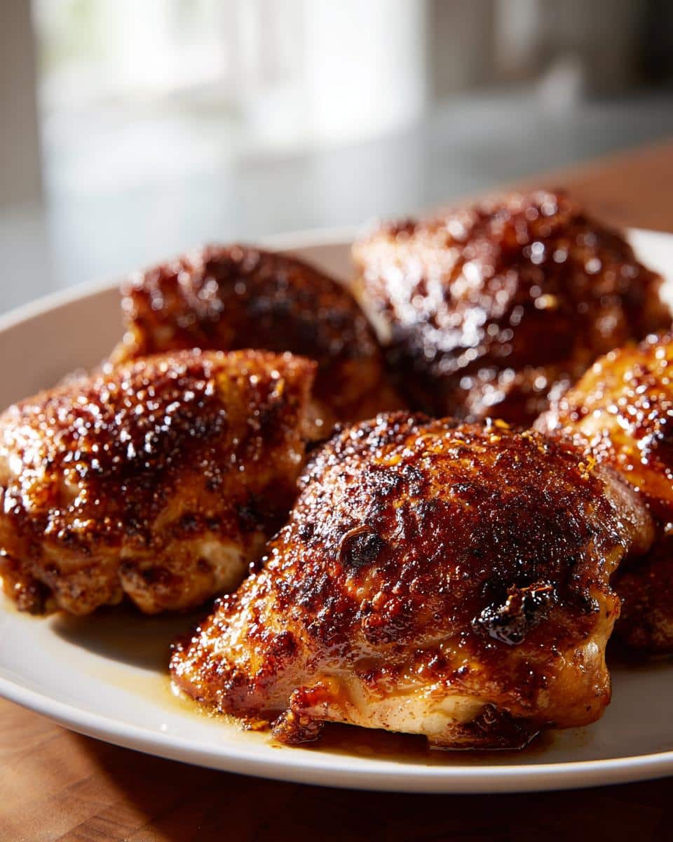 A close-up shot of several golden-brown Savory Skillet Chicken Thighs on a white plate, glistening with sauce.