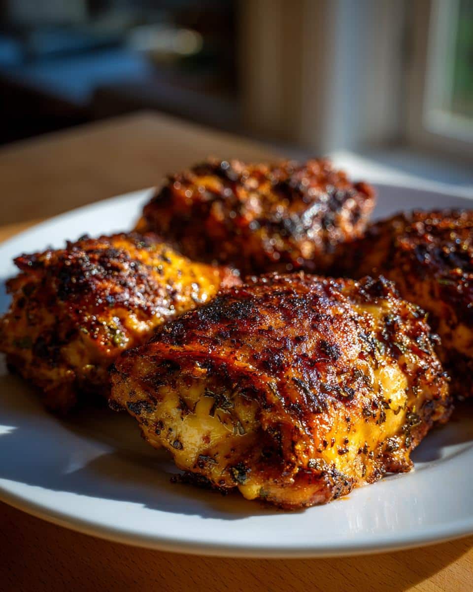 Close-up of several perfectly cooked, golden-brown Savory Skillet Chicken Thighs on a white plate, glistening with seasoning.