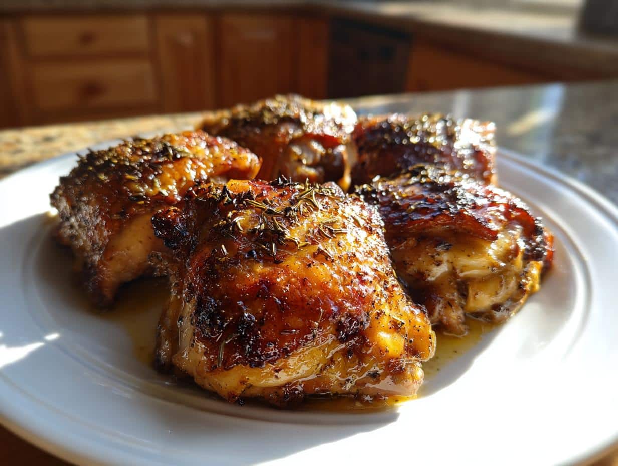 A plate of golden-brown, herb-crusted Savory Skillet Chicken Thighs, glistening with juices.
