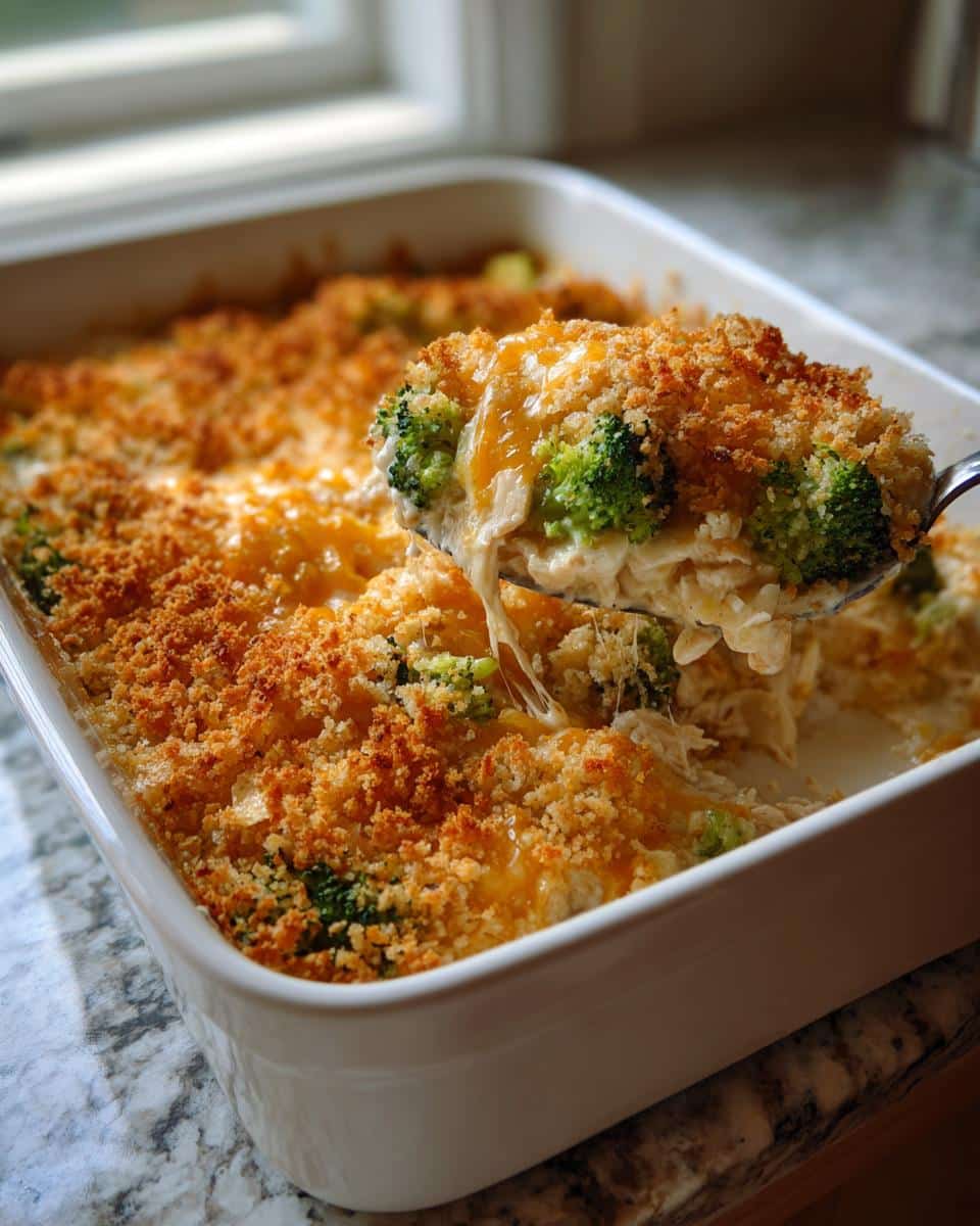 Irresistible 5-Ingredient Cheesy Broccoli Chicken Casserole 4 A spoonful of Cheesy Broccoli Chicken Casserole being lifted from a white baking dish, showing melted cheese and a crispy topping.
