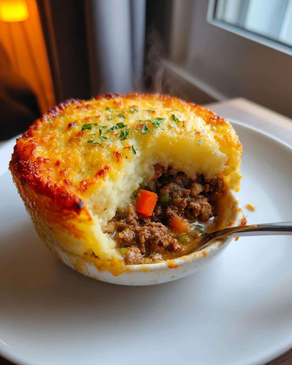 Close-up of a steaming hot individual serving of Shepherd’s Pie with Ground Beef, showing the mashed potato topping and meaty filling.