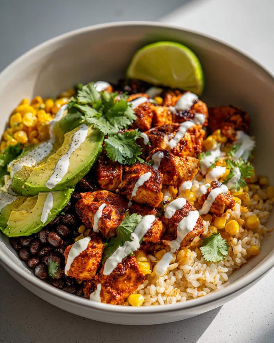 A colorful Skillet Chicken Burrito Bowl filled with seasoned chicken, rice, black beans, corn, avocado, cilantro, and a creamy drizzle.