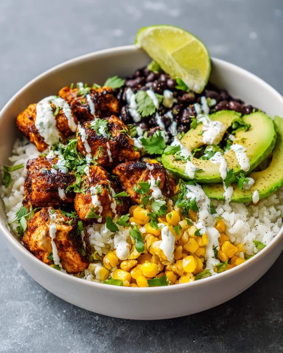 A colorful Skillet Chicken Burrito Bowl with seasoned chicken, black beans, corn, avocado, rice, cilantro, and a lime wedge.