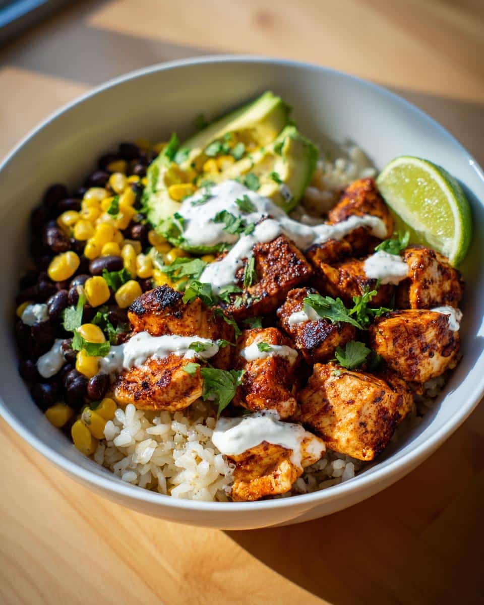 A close-up of a Skillet Chicken Burrito Bowl filled with seasoned chicken, rice, black beans, corn, avocado, and a lime wedge.