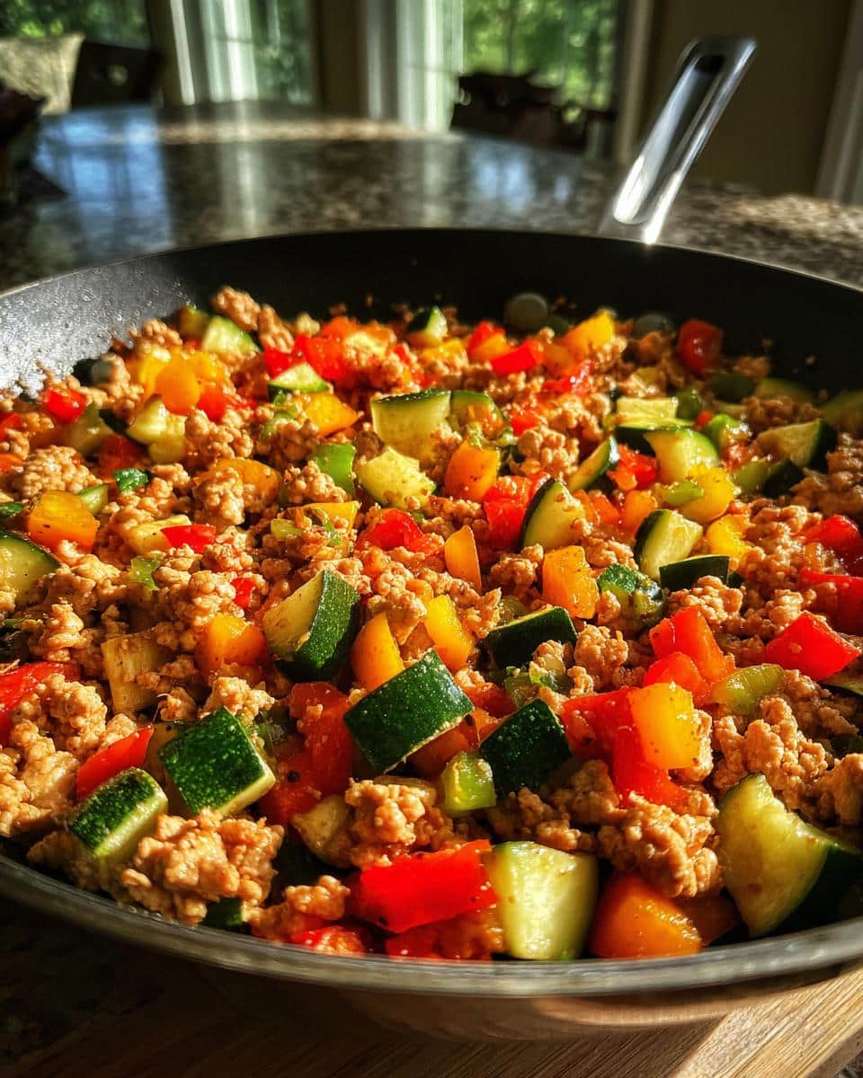 Close-up of Skillet Ground Turkey with Veggies cooking in a pan, featuring colorful bell peppers and zucchini.