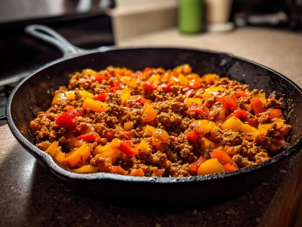 Close-up of a cast iron skillet filled with cooked Ground Turkey Weeknight Dinner, featuring ground turkey mixed with diced red and yellow bell peppers.
