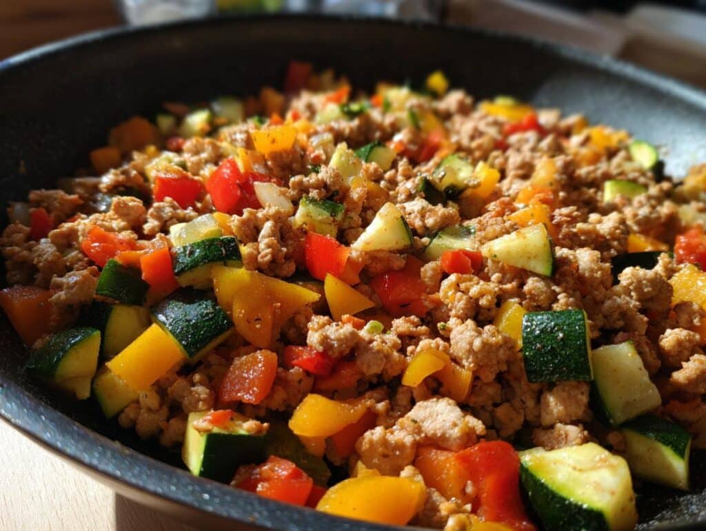Close-up of Skillet Ground Turkey with Veggies, featuring colorful bell peppers, zucchini, and seasoned ground turkey.