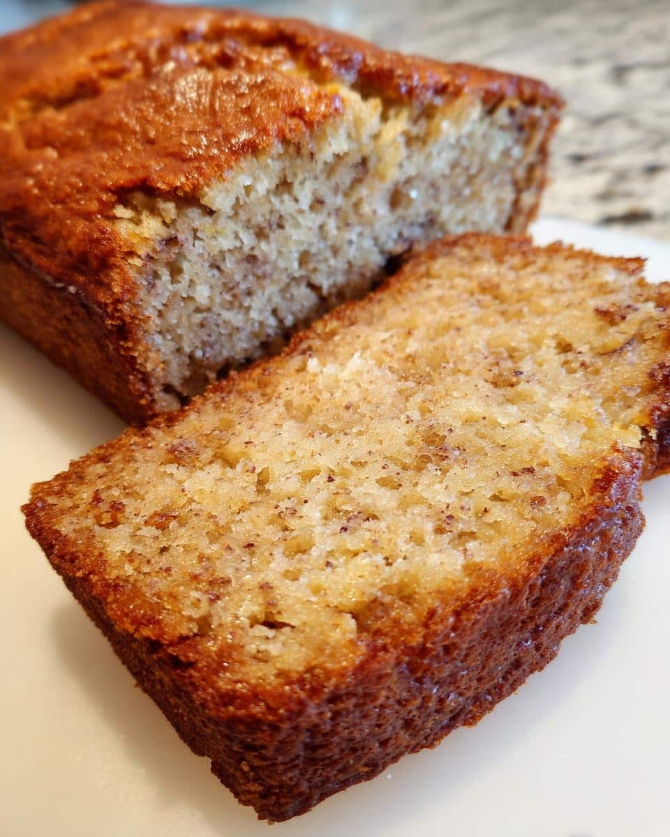Close-up of a loaf of Best Banana Bread Recipe with Ripe Bananas with a slice cut from it, showing moist texture.
