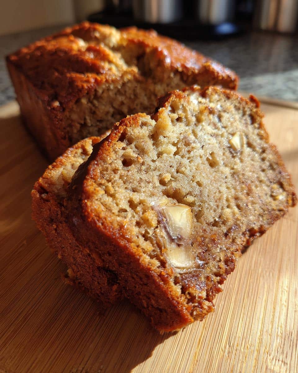 Close-up of a sliced loaf of Best Banana Bread Recipe with Ripe Bananas on a wooden cutting board, showing moist texture and banana chunks.
