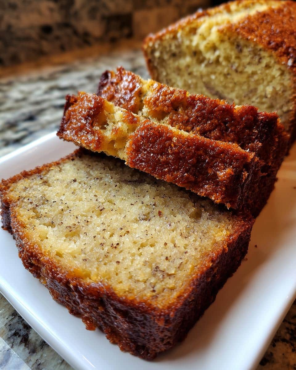 Close-up of a loaf of sliced Best Banana Bread Recipe with Ripe Bananas, showing three slices with a golden-brown crust.
