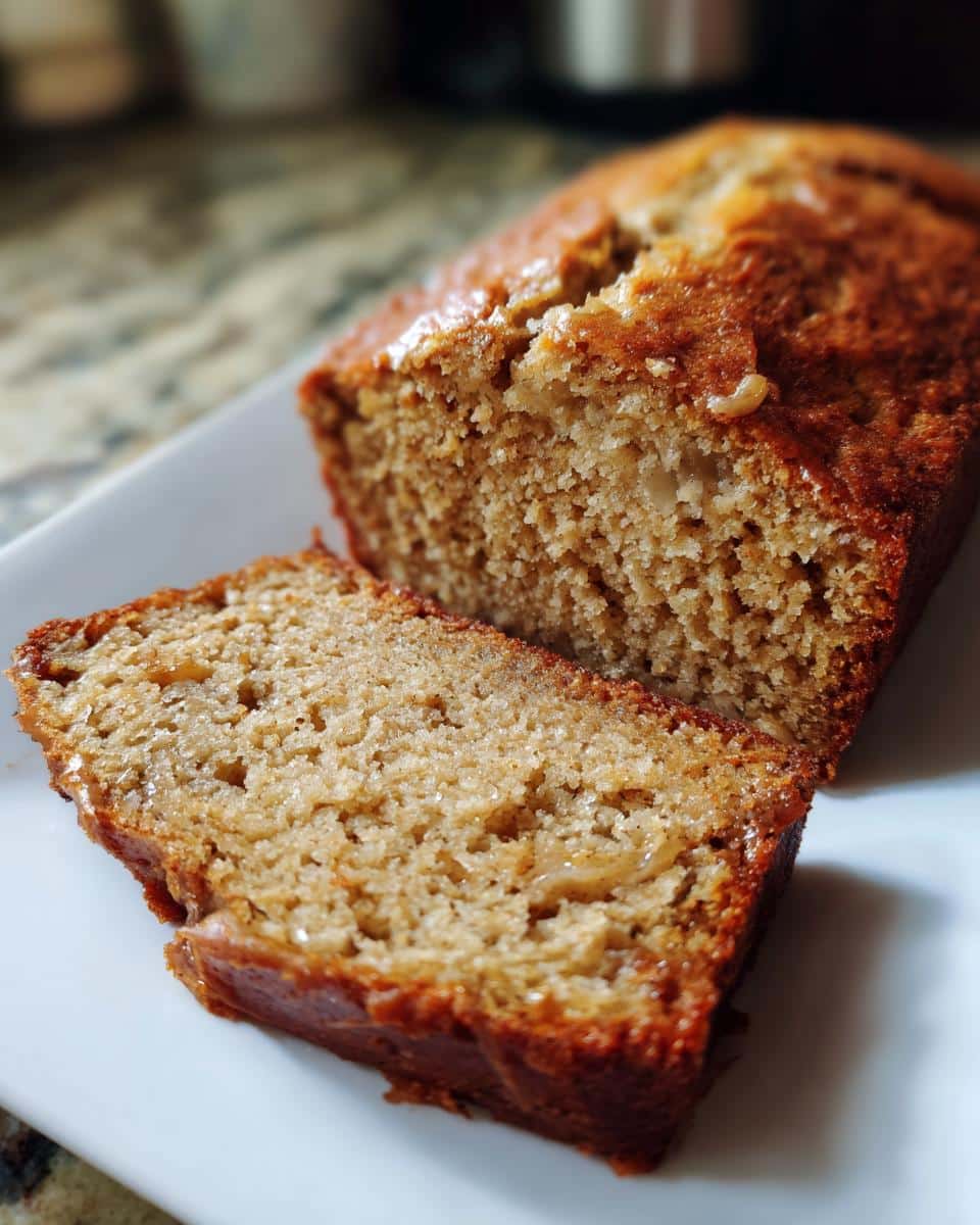 A close-up of a freshly baked loaf of Foolproof Banana Bread with one slice cut, showing its moist texture and golden-brown crust.