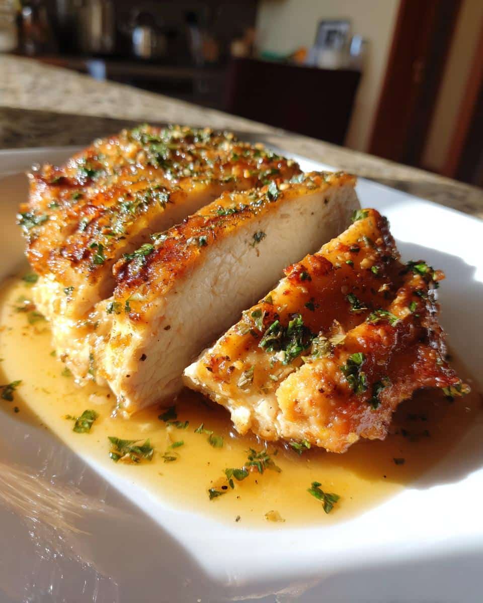 Close-up of sliced Garlic Butter Baked Chicken Breast on a white plate, glistening with sauce and fresh herbs.