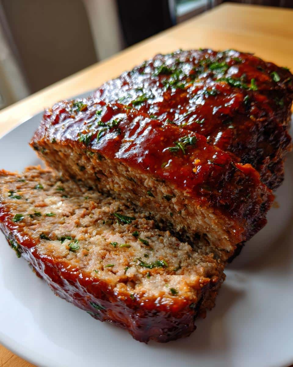 A close-up of a freshly baked Italian Herb Meatloaf, sliced to show the moist interior and topped with a shiny glaze and herbs.