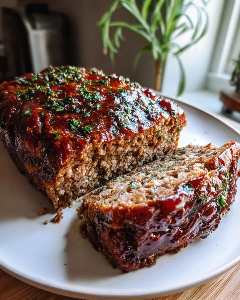 A freshly baked Italian Herb Meatloaf on a white plate with one slice cut, showing the texture and glossy glaze.