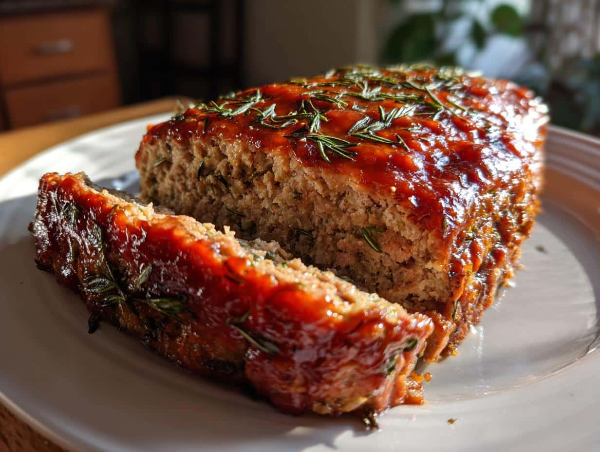 A close-up of a freshly baked and sliced Italian Herb Meatloaf, topped with a glossy red glaze and fresh rosemary.