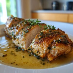 Close-up of perfectly cooked and sliced Lemon Herb Chicken Breast on a white plate, glistening with sauce and fresh herbs.