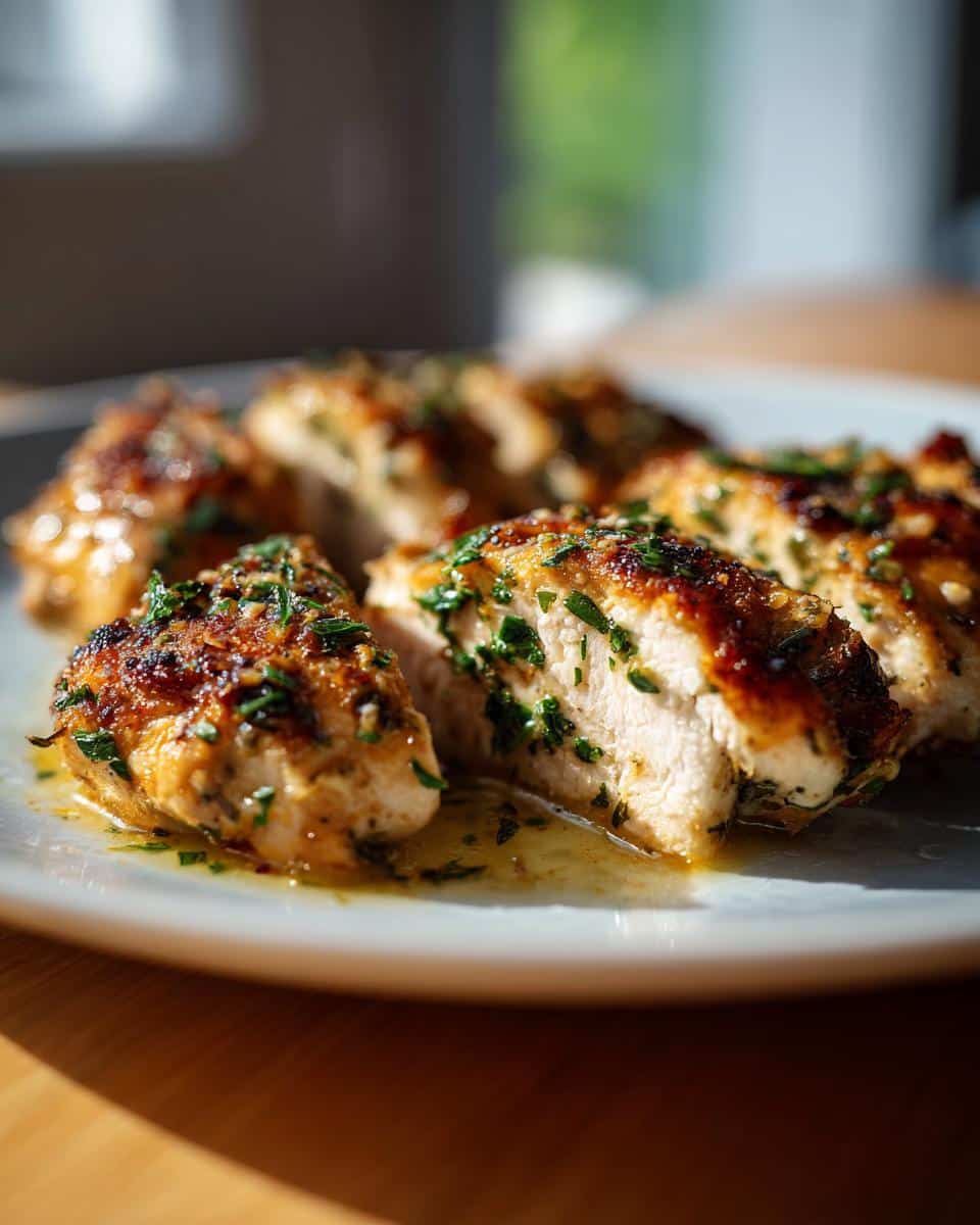 Close-up of perfectly cooked and sliced Lemon Herb Chicken Breast, garnished with fresh herbs and glistening with sauce.