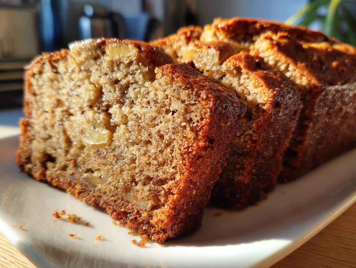 Close-up of several slices of golden-brown World's Best Banana Bread on a white rectangular plate, showing a moist texture and chunks of banana.