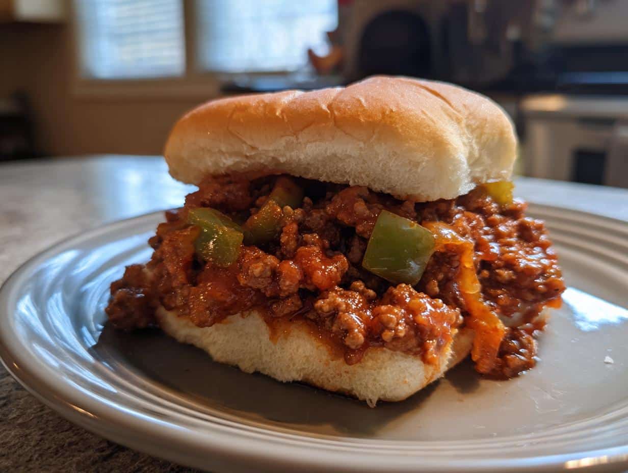 A close-up of a hearty Sloppy Joe with Ground Beef on a white bun, filled with saucy meat, green peppers, and onions.