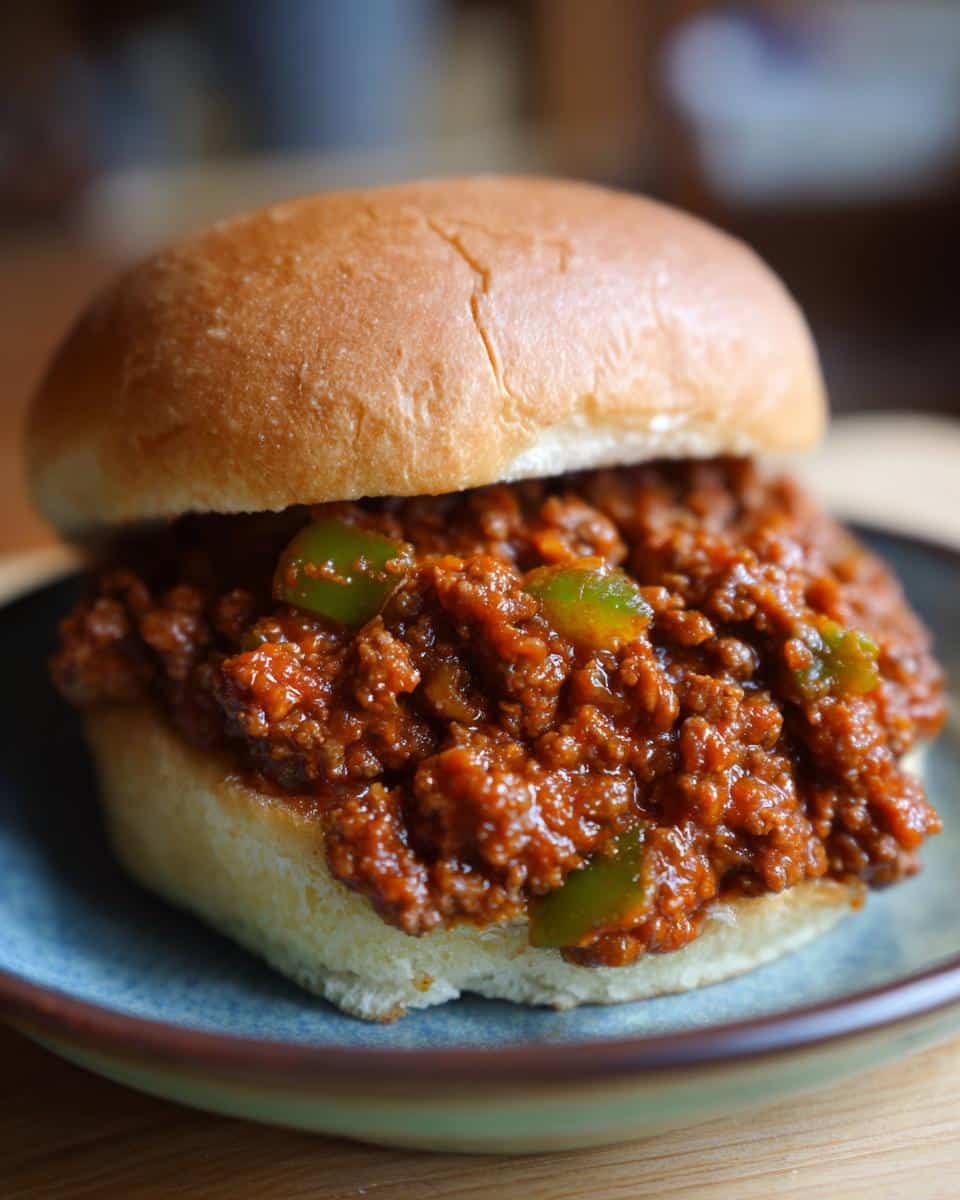 A close-up of a classic Sloppy Joe with Ground Beef on a soft bun, showing the rich, saucy meat filling with green peppers.