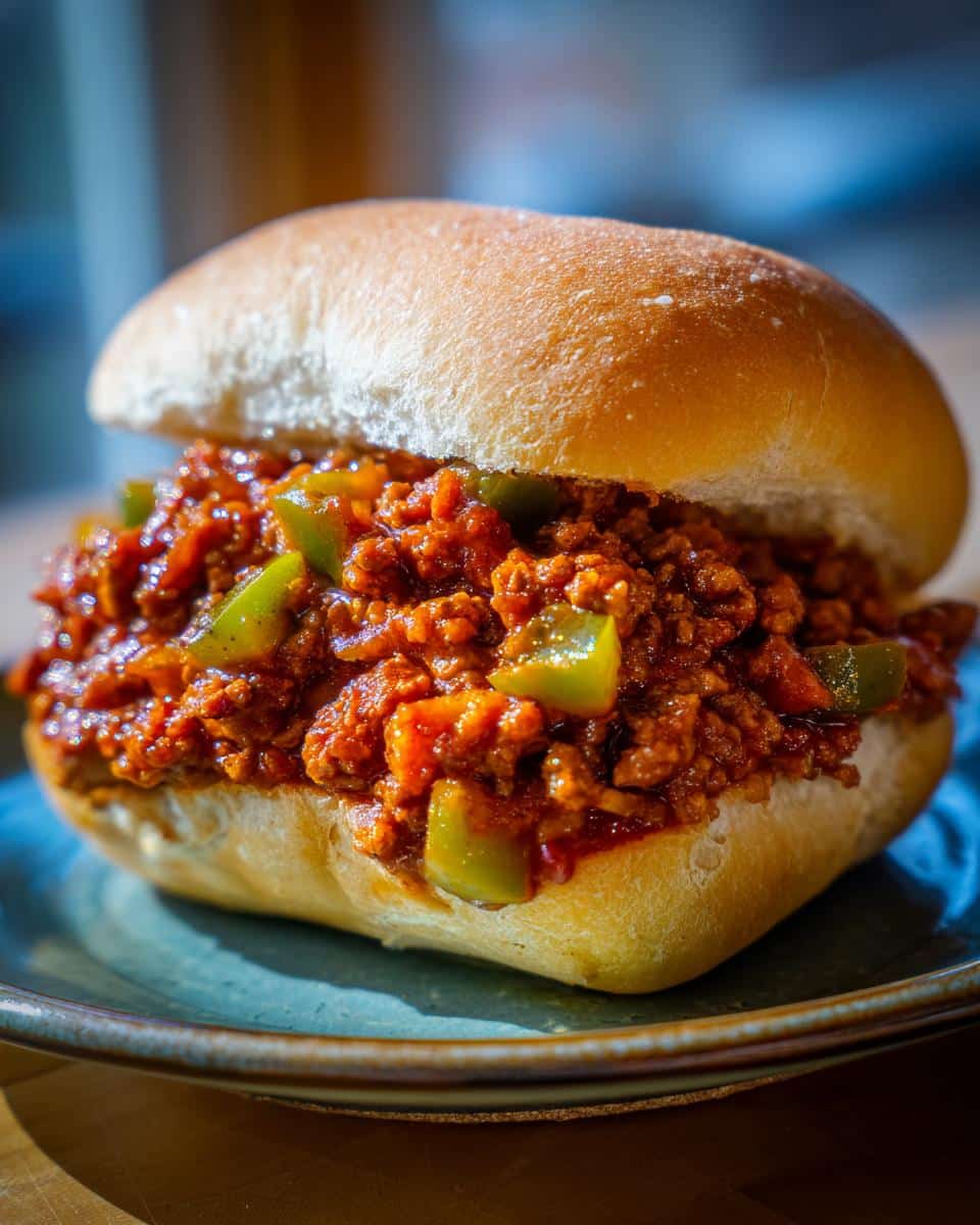 A close-up of a delicious Sloppy Joe with Ground Beef, overflowing with saucy meat and green peppers on a soft bun.