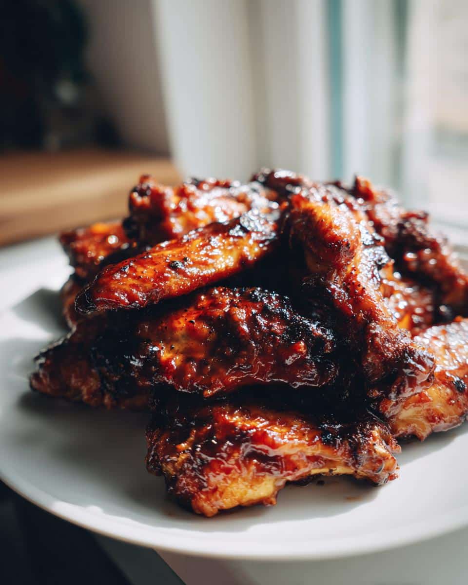 A close-up shot of a pile of glistening, dark red Smoky BBQ Wings on a white plate, with a window in the background.