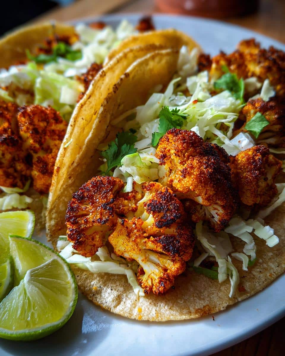 A close-up shot of two delicious Spicy Cauliflower Tacos filled with roasted cauliflower, shredded cabbage, and cilantro, served with lime wedges.