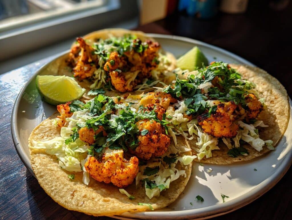Three Spicy Cauliflower Tacos on a plate, garnished with shredded cabbage, fresh cilantro, and lime wedges.