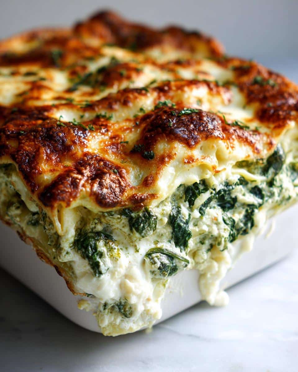 Close-up of a freshly baked Spinach Alfredo Lasagna Bake in a white dish, showing golden brown cheese and creamy spinach filling.