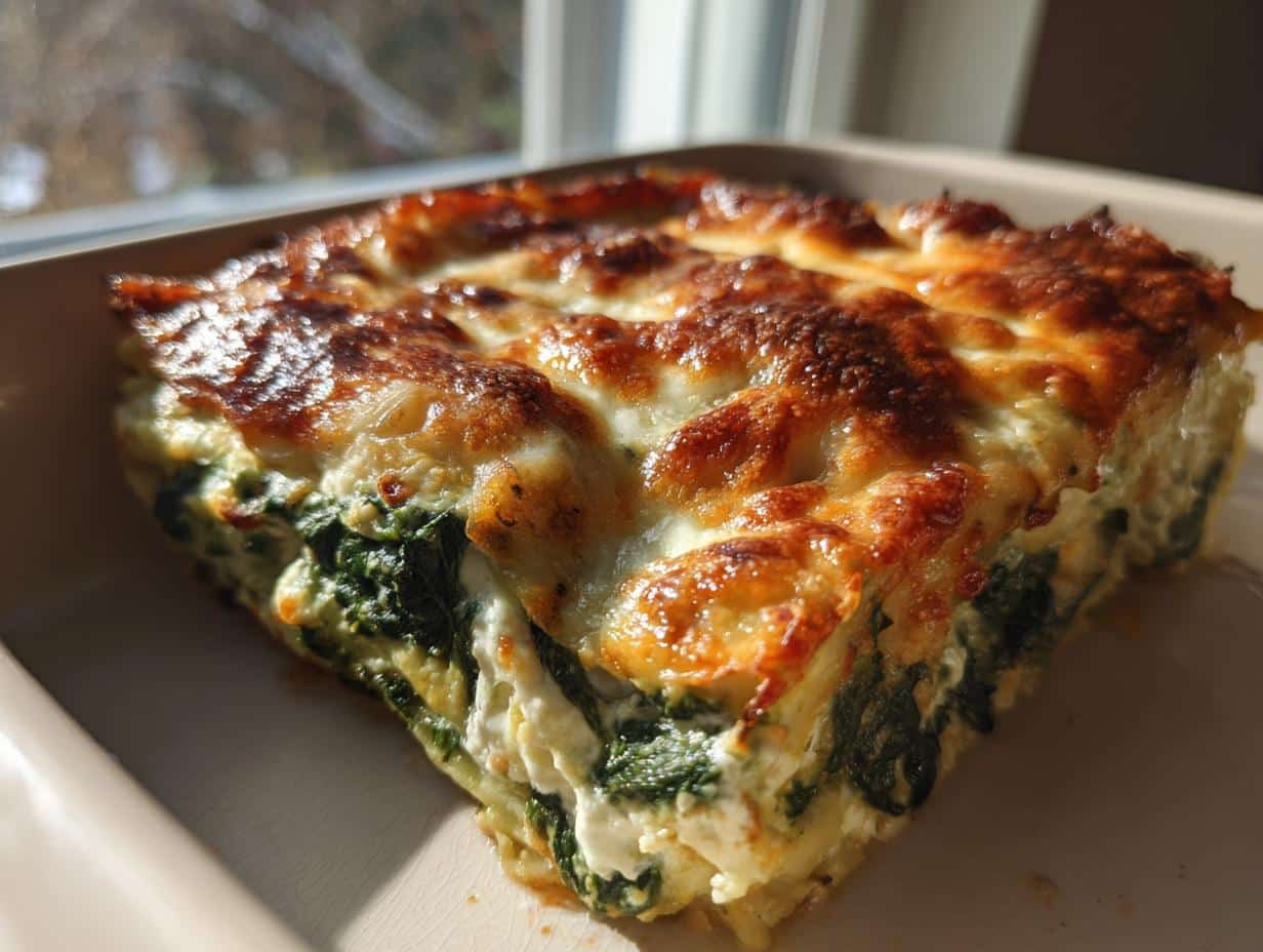 Close-up of a golden brown, bubbly Spinach Alfredo Lasagna Bake in a baking dish, showing layers of spinach and cheese.