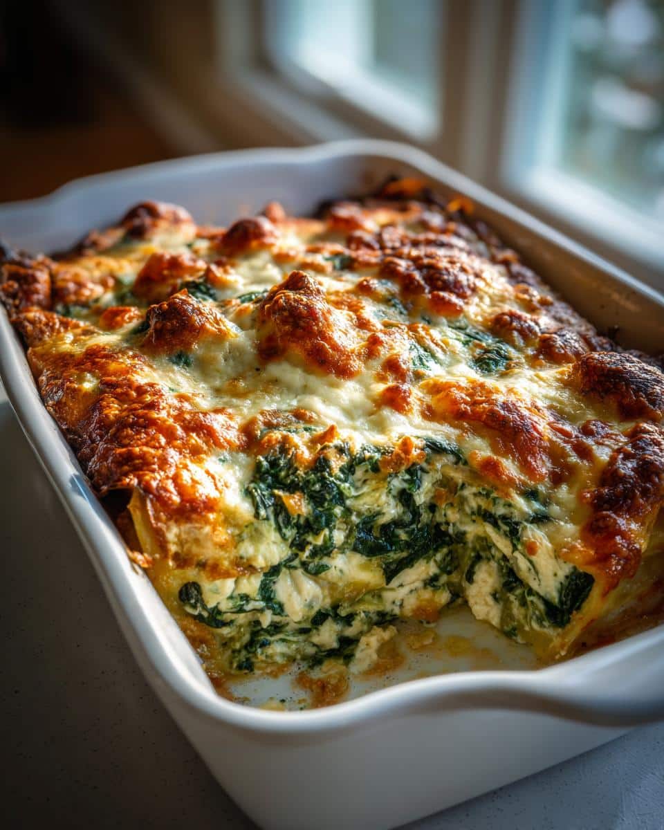 A close-up of a freshly baked Spinach Alfredo Lasagna Bake in a white baking dish, with a portion removed.