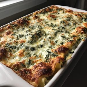 A freshly baked Spinach Alfredo Lasagna Bake in a white rectangular baking dish, showing bubbly, golden-brown cheese and green spinach.