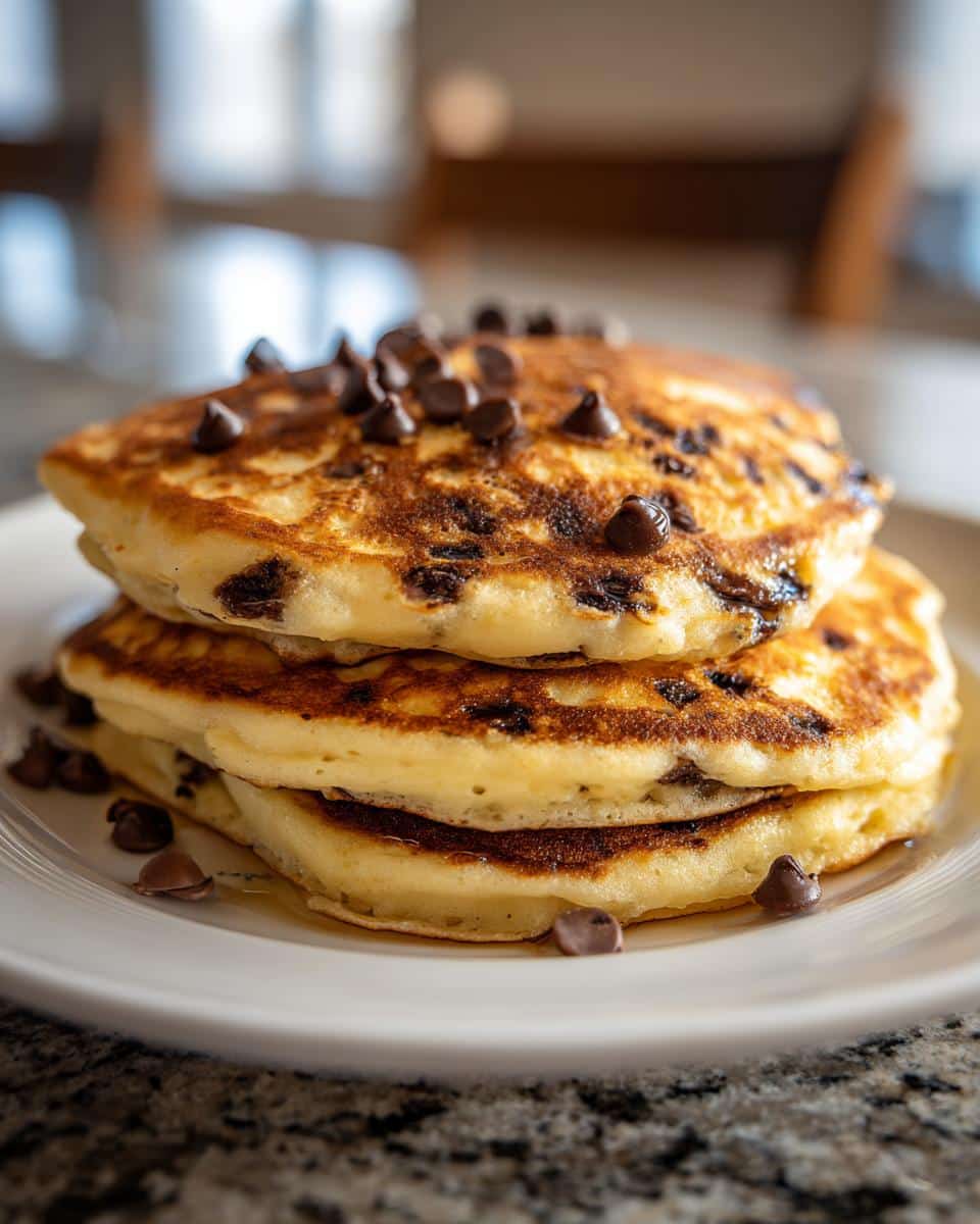 A close-up of a stack of three fluffy Chocolate Chip Pancakes on a white plate, topped with chocolate chips.