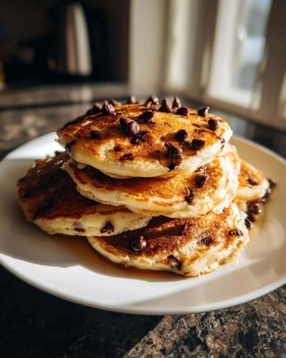 A close-up of a stack of fluffy golden Chocolate Chip Pancakes drizzled with maple syrup on a white plate.