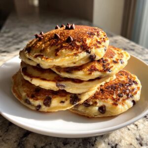 A tall stack of fluffy, golden-brown Chocolate Chip Pancakes on a white plate, with visible melted chocolate chips.