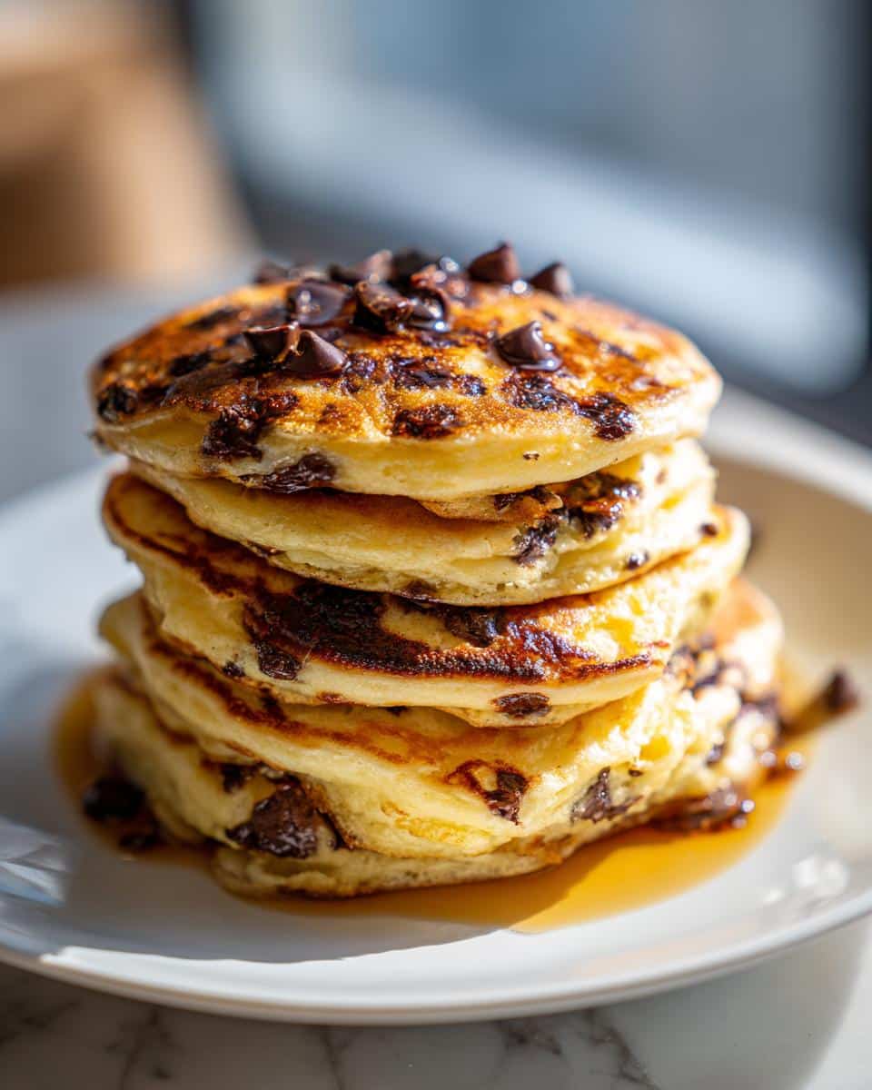 A close-up stack of fluffy golden Chocolate Chip Pancakes drizzled with syrup and topped with more chocolate chips.