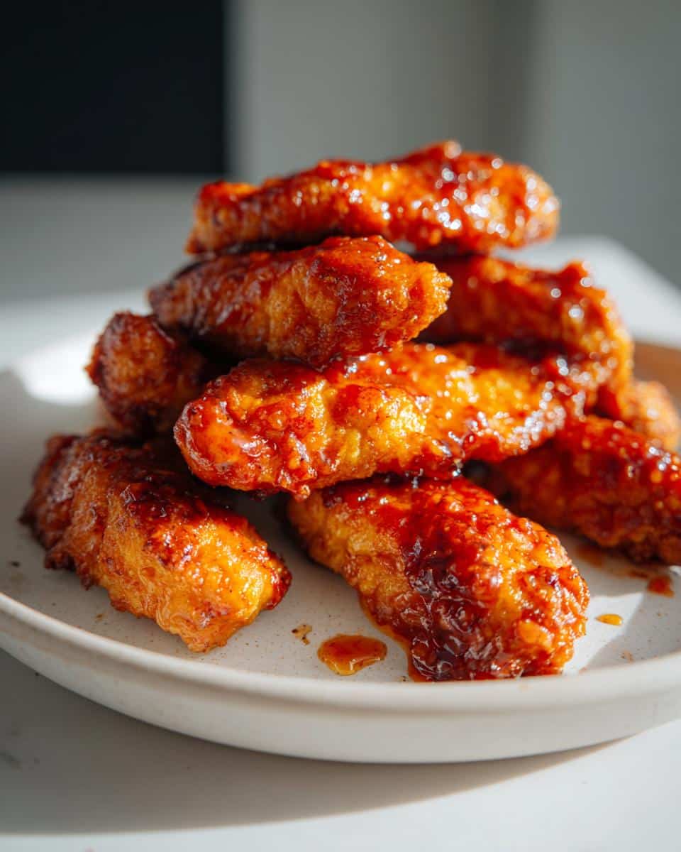 A close-up stack of golden-brown Air Fryer Honey BBQ Chicken Tenders, glistening with a sticky, sweet and savory sauce.