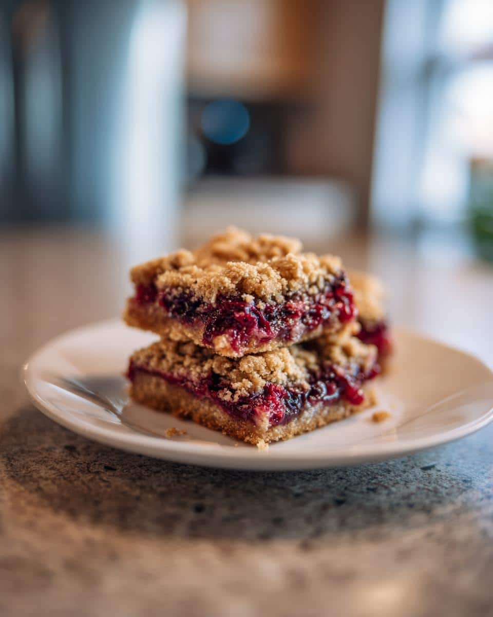 Two delicious Mixed Berry Crumble Bars stacked on a white plate, showcasing the vibrant berry filling and golden crumble topping.