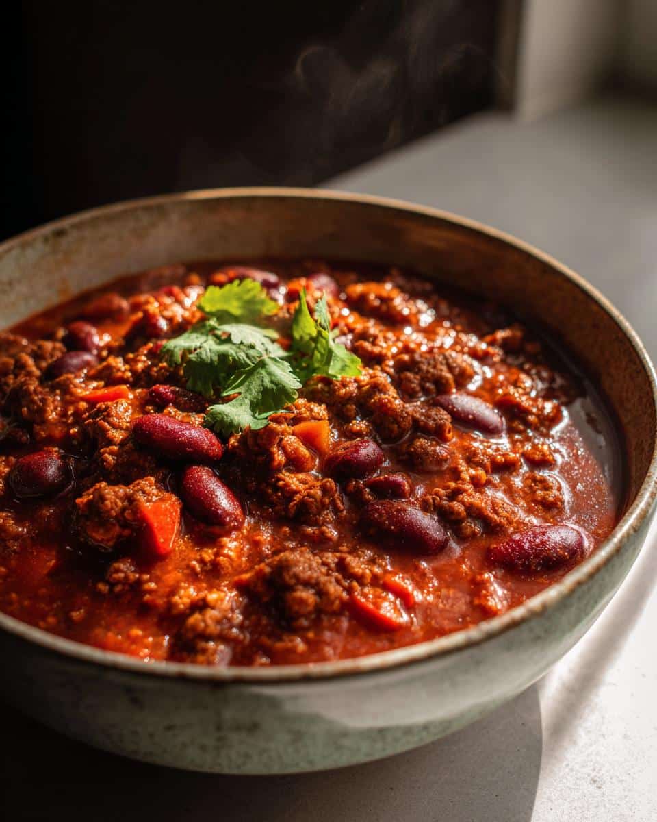 Close-up of a steaming bowl of Cozy Ground Turkey Chili, garnished with fresh cilantro.