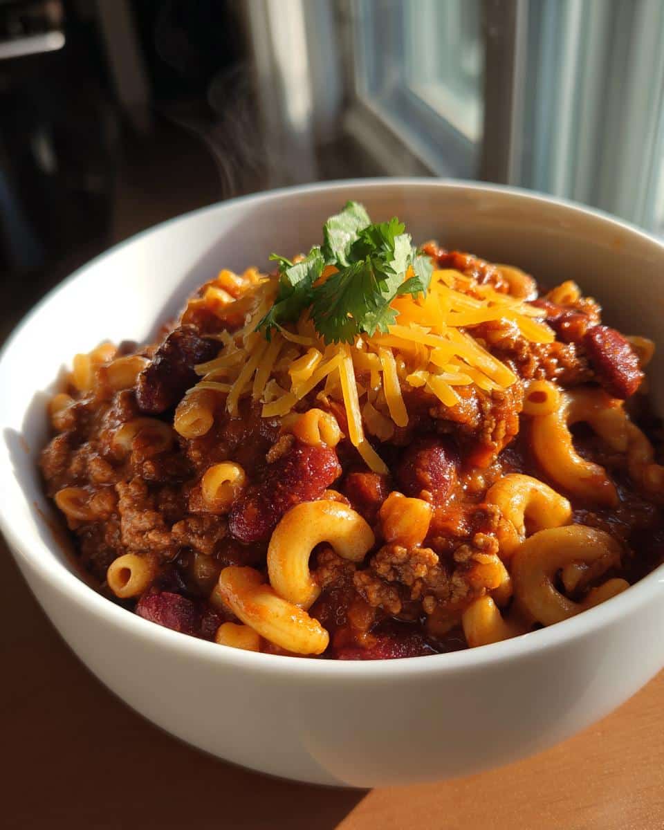 A close-up of a steaming bowl of Chili Mac with Ground Beef, topped with shredded cheddar cheese and fresh cilantro.