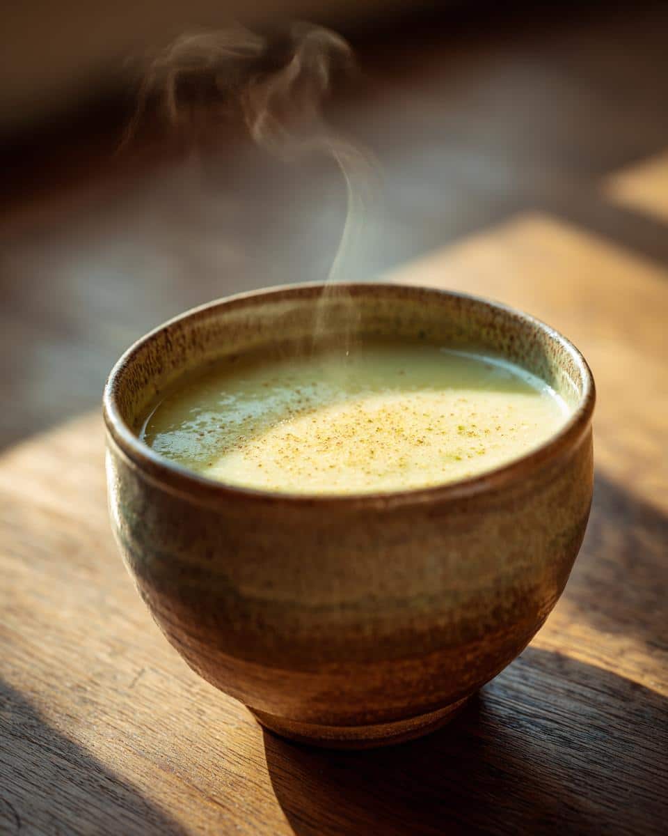A rustic bowl of steaming Creamy Potato Leek Soup, garnished with spices, sitting on a wooden table.