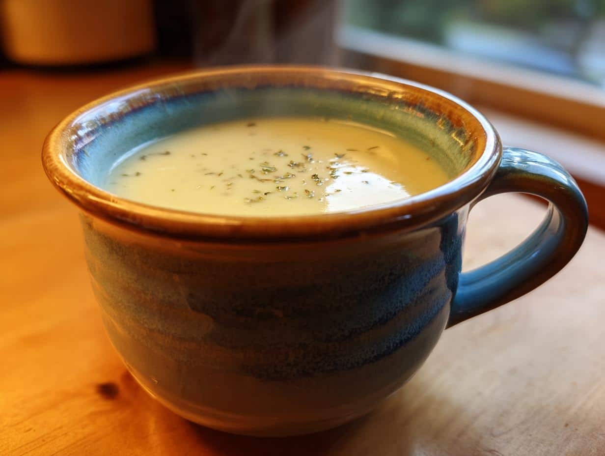 A rustic blue and brown mug filled with steaming Creamy Potato Leek Soup, garnished with fresh herbs.