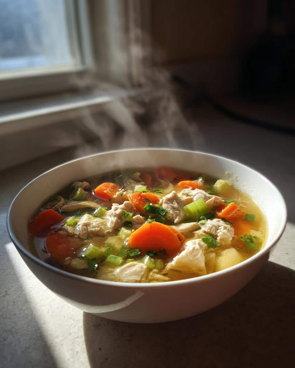 A steaming bowl of Ginger Garlic Healing Chicken Soup with chicken pieces, carrots, and green onions, by a window.