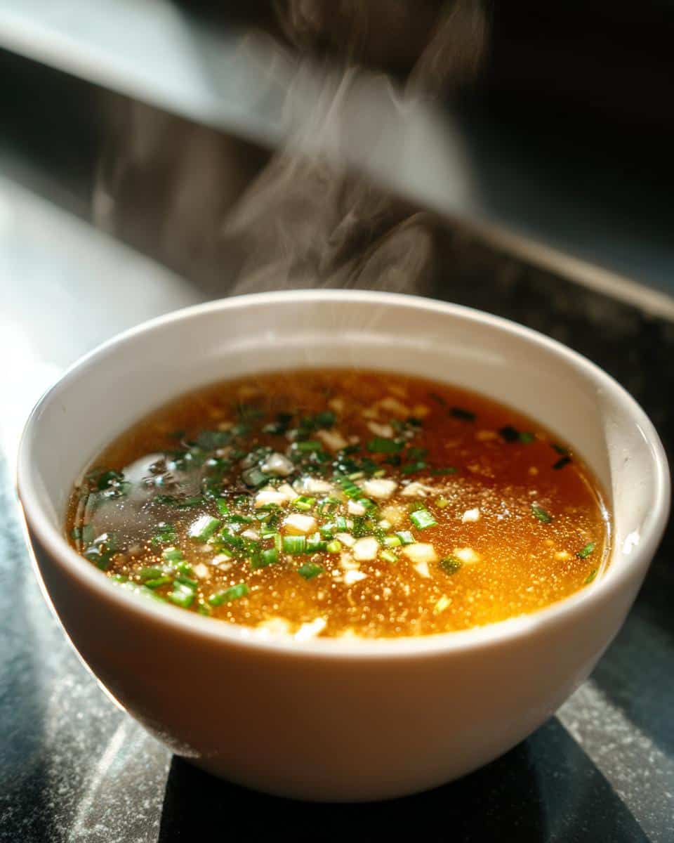 A close-up of a steaming bowl of Honey Garlic Soup, garnished with chopped green onions and minced garlic.