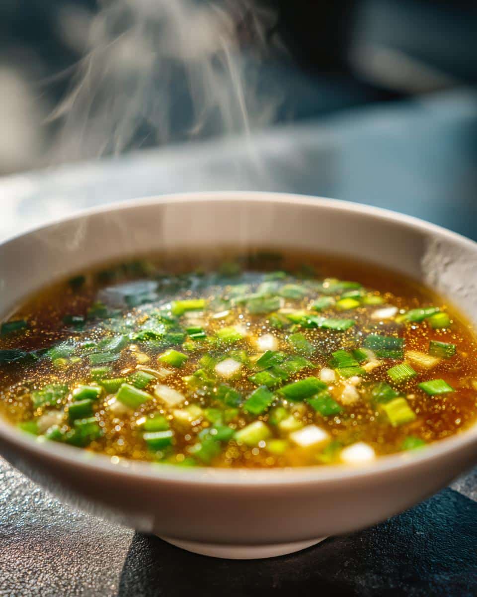 Close-up of a bowl of steaming Honey Garlic Soup, garnished with chopped green onions and small golden oil droplets.