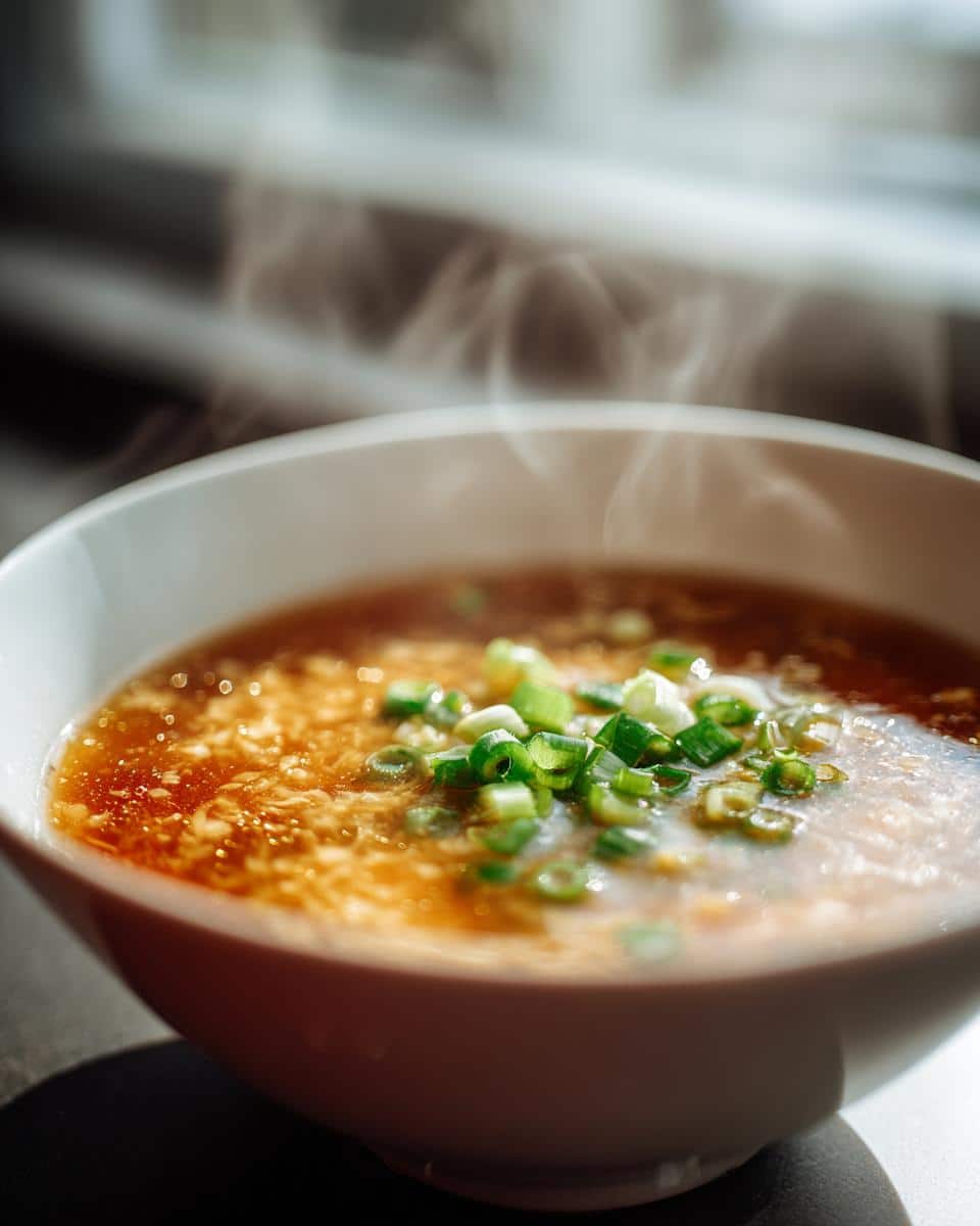Close-up of a steaming bowl of Honey Garlic Soup garnished with fresh green scallions, showing a rich broth.