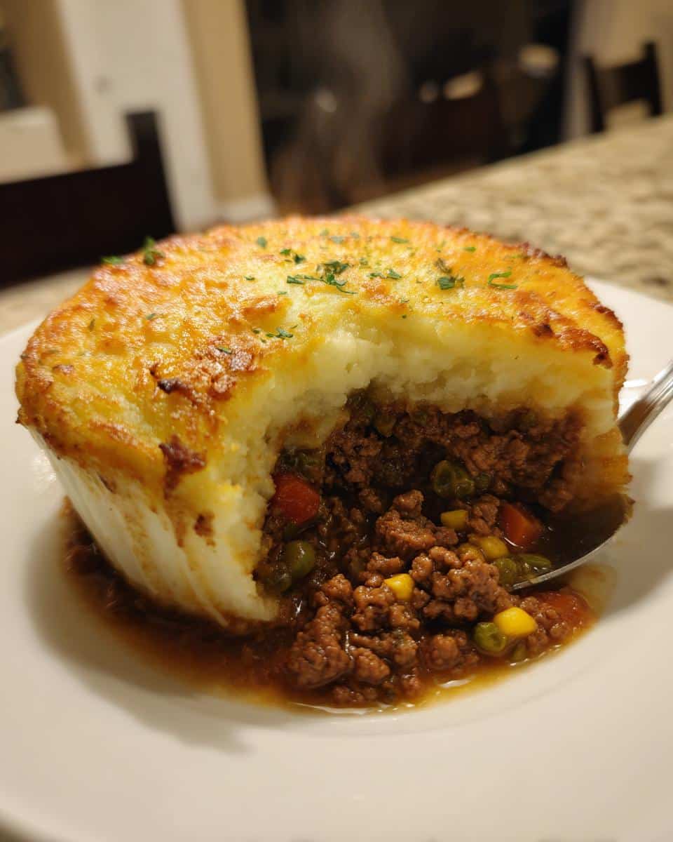 Close-up of a steaming individual Shepherd’s Pie with Ground Beef, showing the creamy mashed potato topping and rich meat filling.