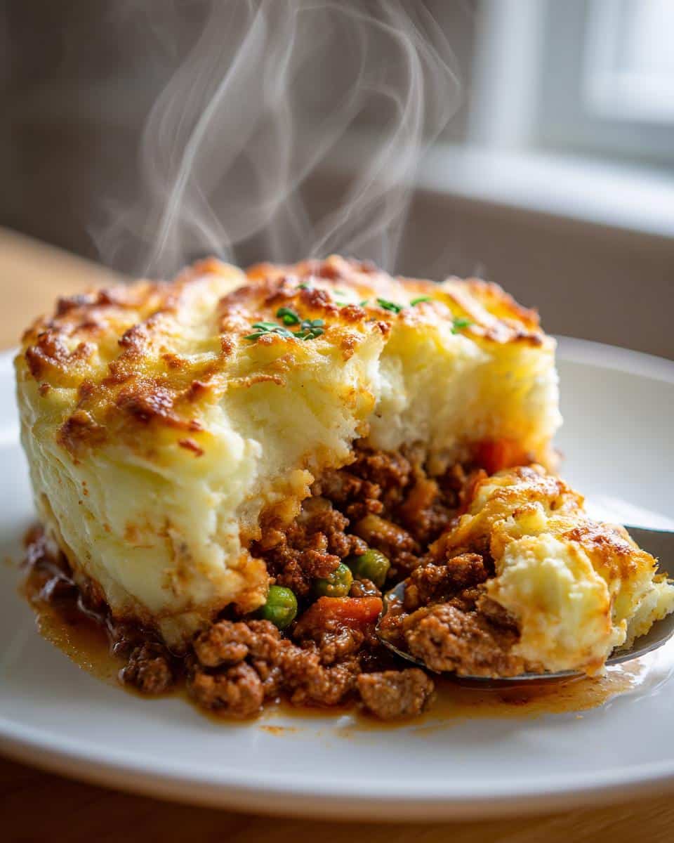 Close-up of a steaming hot serving of Shepherd’s Pie with Ground Beef, showing the mashed potato topping and meaty filling.