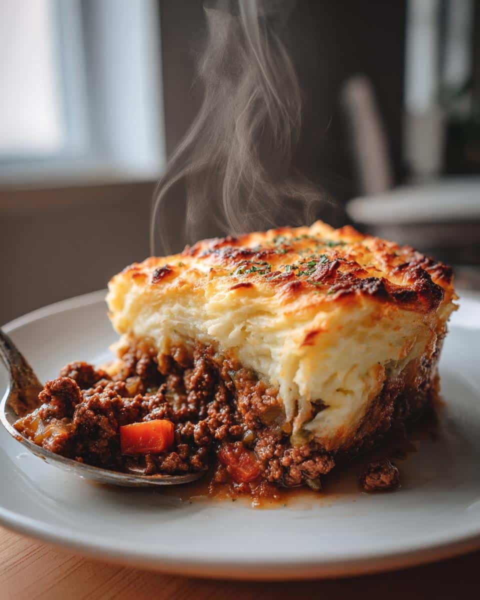 A close-up of a steaming hot slice of Shepherd’s Pie with Ground Beef on a white plate, with a spoonful of filling.
