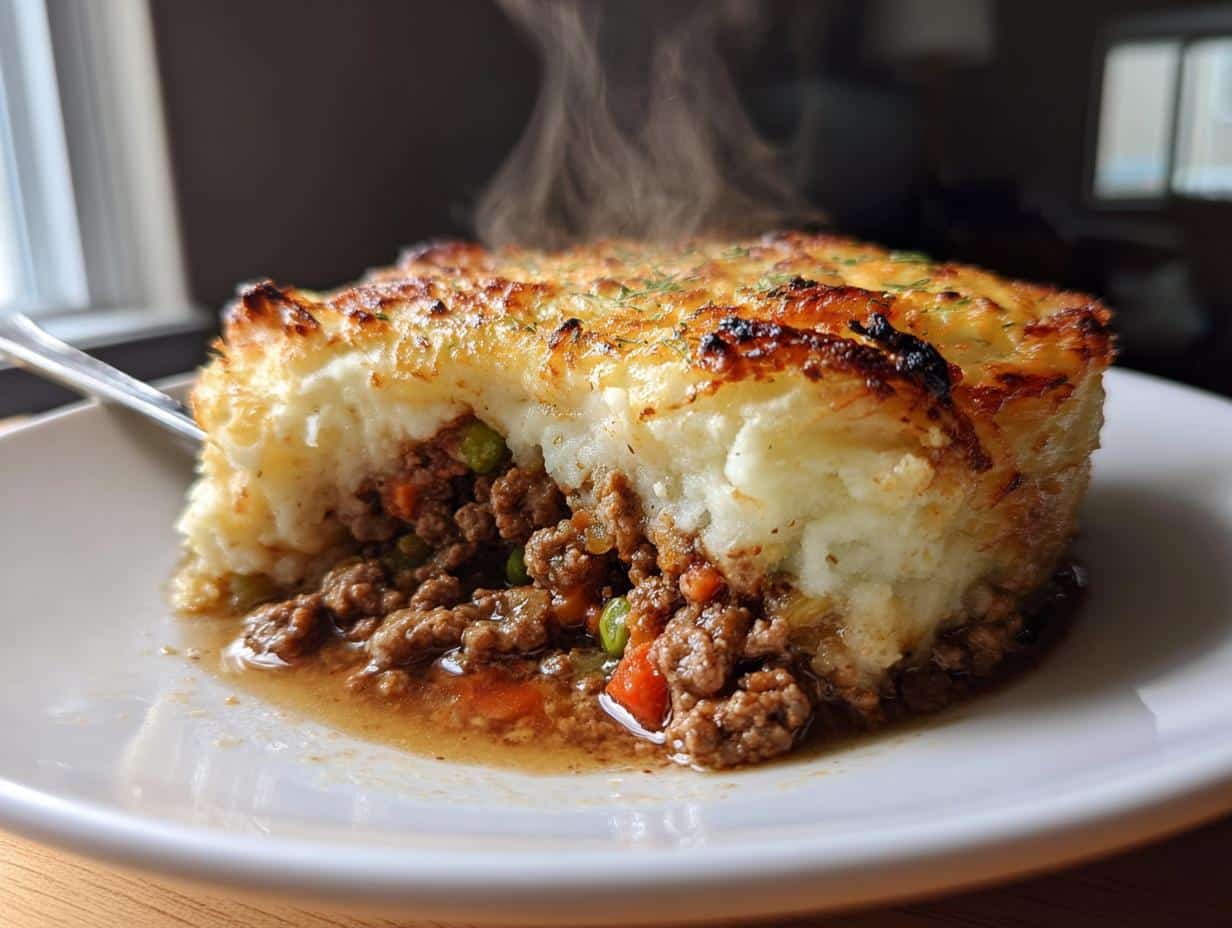A close-up of a steaming hot slice of Shepherd’s Pie with Ground Beef, showing the mashed potato topping and meaty filling.